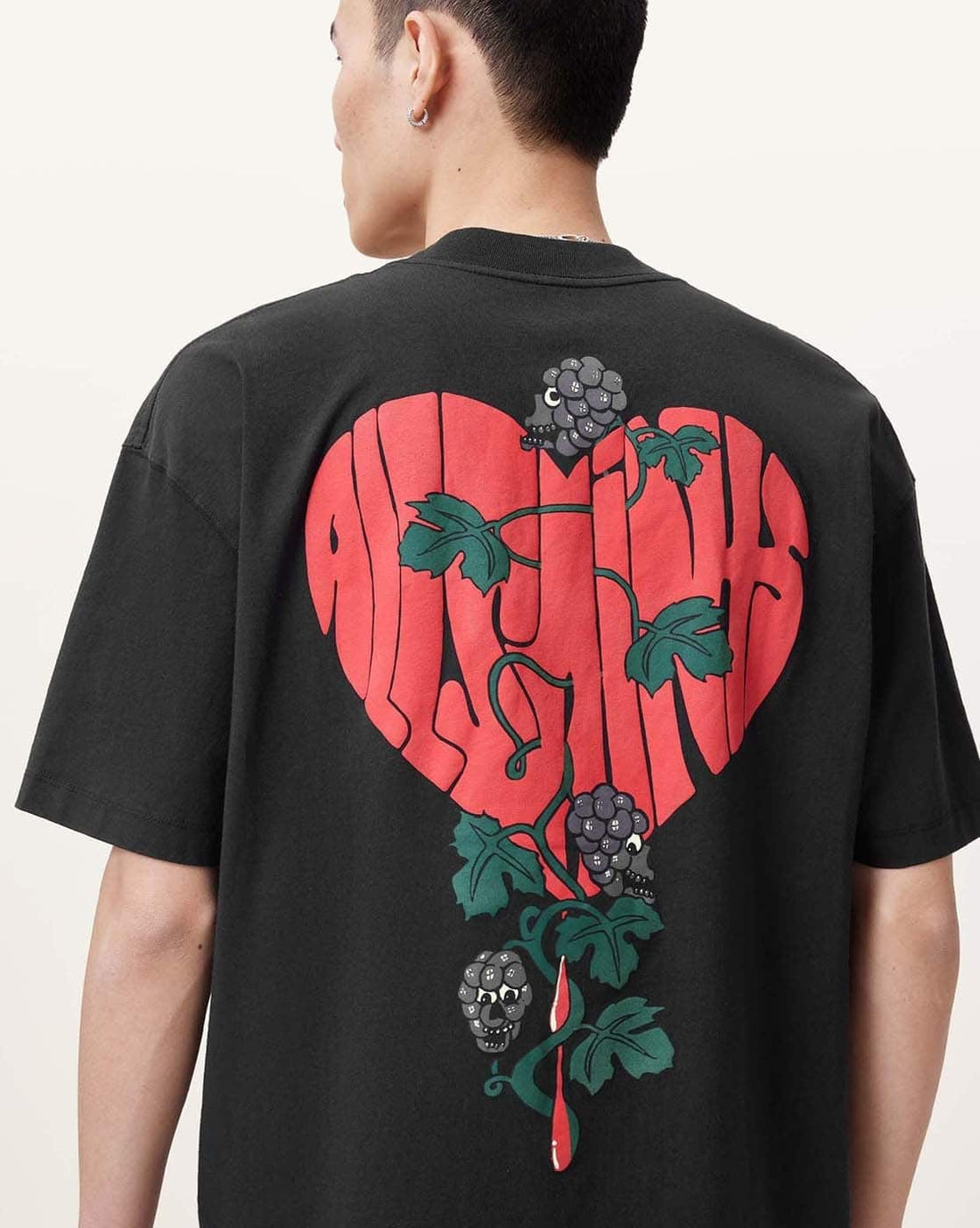 All Saints Men Sown Print Oversized Crew-Neck Organic Cotton T-Shirt 'Washed Black'