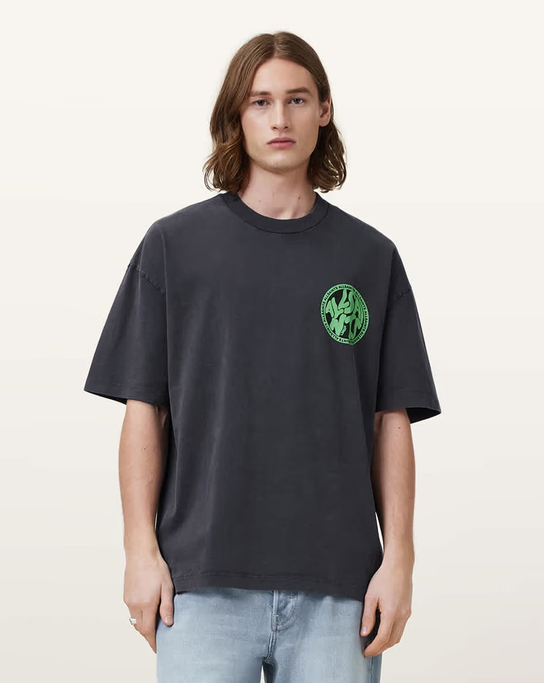 All Saints Distortion Brand Print Regular Fit Crew-Neck T-Shirt 'washed-black'