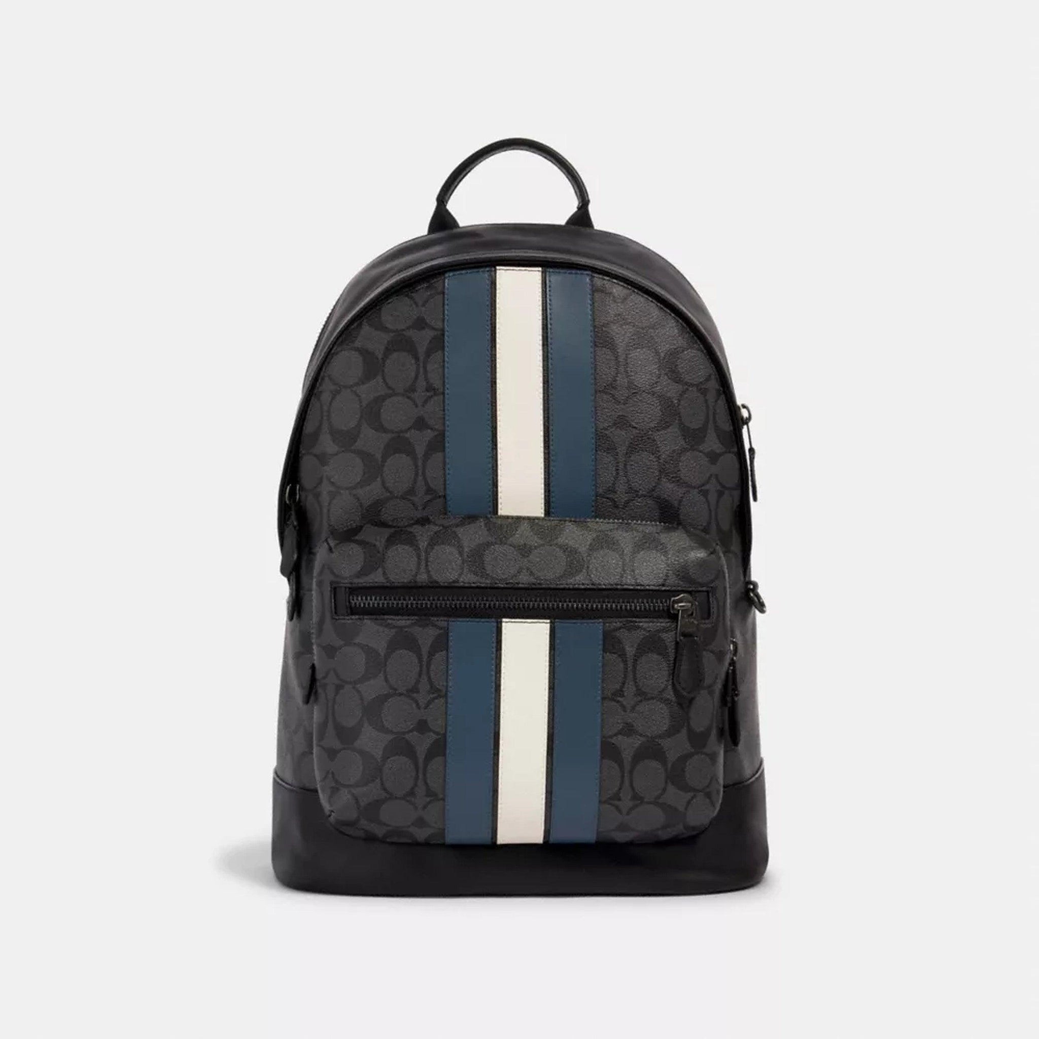 West Backpack In Blocked Signature Canvas With Varsity Stripe - Gunmetal/Charcoal/Denim/Chalk