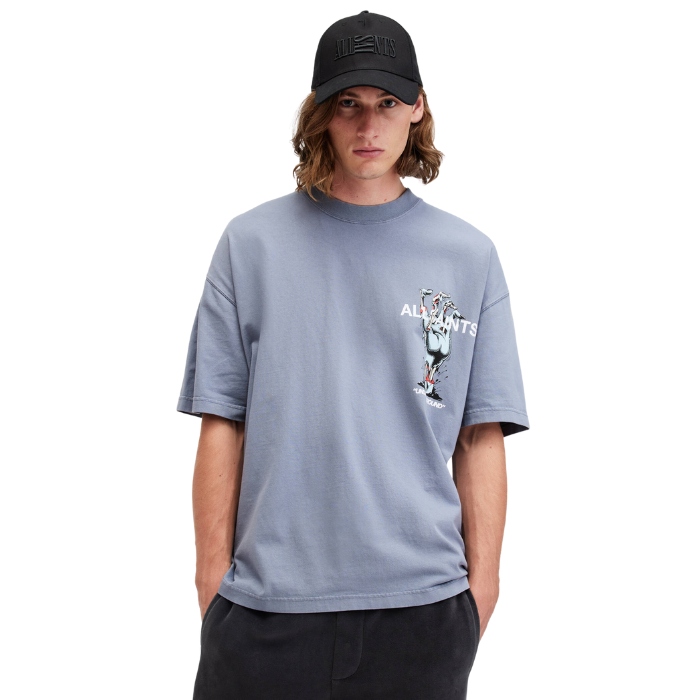 All Saints Under gang Oversized Graphic Printed T-Shirt 'Damson Blue'