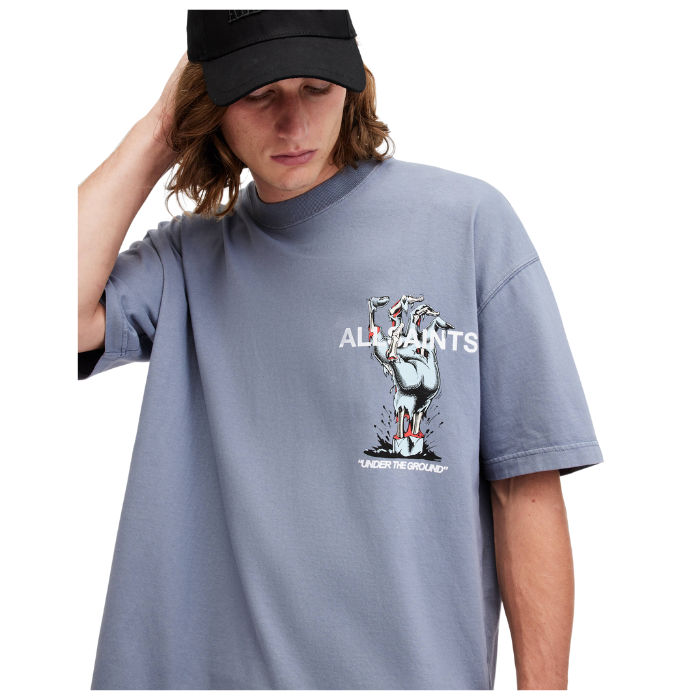 All Saints Under gang Oversized Graphic Printed T-Shirt 'Damson Blue'