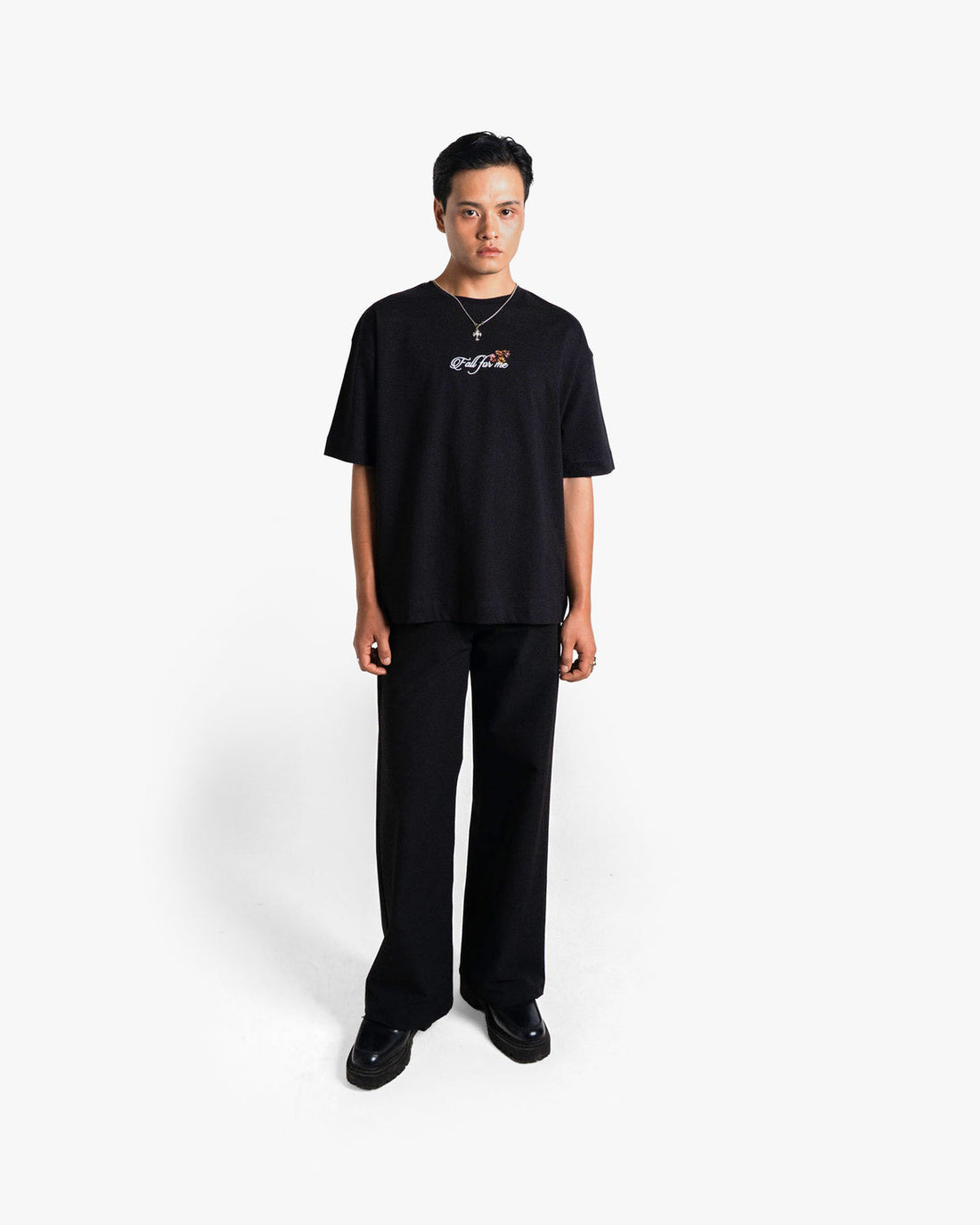Fall For Me - Black Embroidered Oversized T-shirt