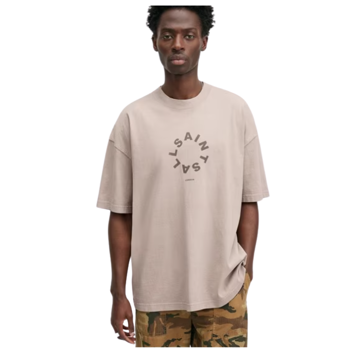 All Saints Tierra Logo Print Oversized Crew-Neck T-Shirt 'Boston Taupe'