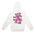 White pullover hoodie shown from the back, featuring the text 'ANTI SOCIAL SOCIAL CLUB' in black with a large pink painted X over it.