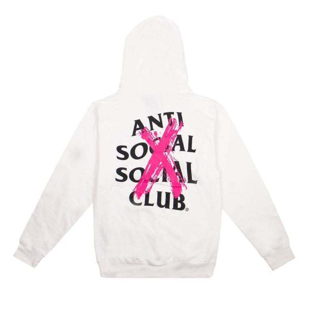 White pullover hoodie shown from the back, featuring the text 'ANTI SOCIAL SOCIAL CLUB' in black with a large pink painted X over it.