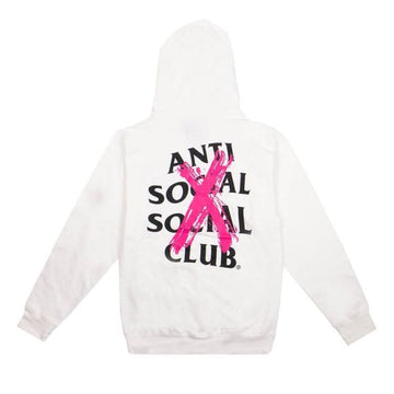 White pullover hoodie shown from the back, featuring the text 'ANTI SOCIAL SOCIAL CLUB' in black with a large pink painted X over it.