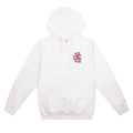 White hoodie with text on the chest against a white background