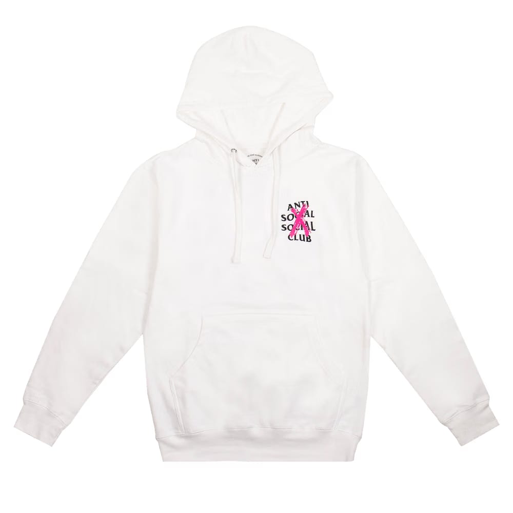 White hoodie with text on the chest against a white background