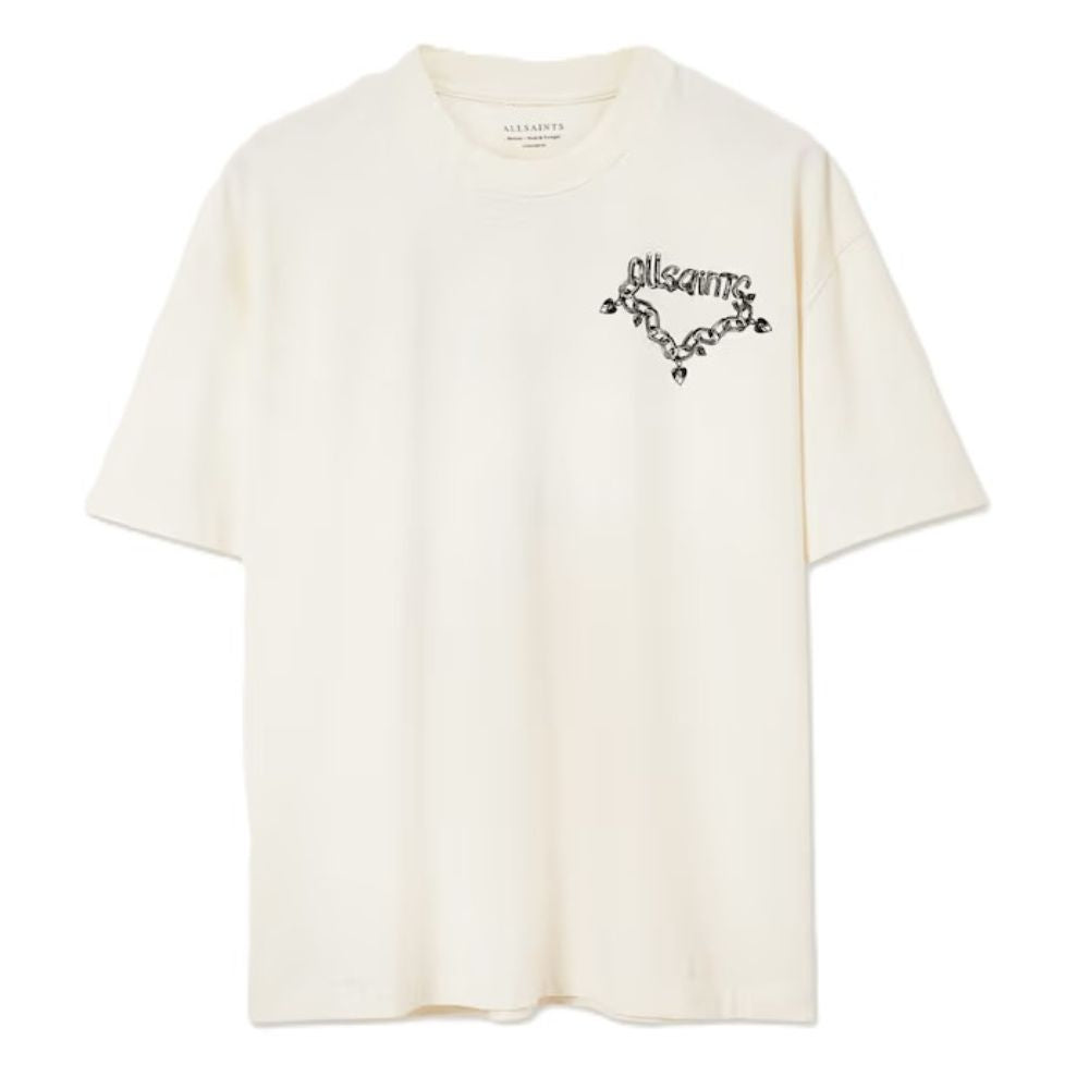 An off-white short-sleeve crewneck t-shirt by Missoni, featuring a black printed logo and small rhinestone embellishments on the left chest.
