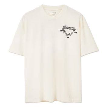An off-white short-sleeve crewneck t-shirt by Missoni, featuring a black printed logo and small rhinestone embellishments on the left chest.
