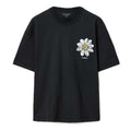 A black short-sleeve t-shirt with a white and yellow daisy graphic on the left chest, featuring the brand name 'ALLAMARITY' printed below the flower, displayed on a clean white background.