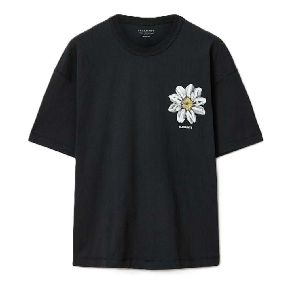 A black short-sleeve t-shirt with a white and yellow daisy graphic on the left chest, featuring the brand name 'ALLAMARITY' printed below the flower, displayed on a clean white background.