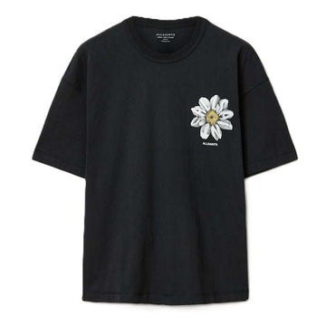 A black short-sleeve t-shirt with a white and yellow daisy graphic on the left chest, featuring the brand name 'ALLAMARITY' printed below the flower, displayed on a clean white background.