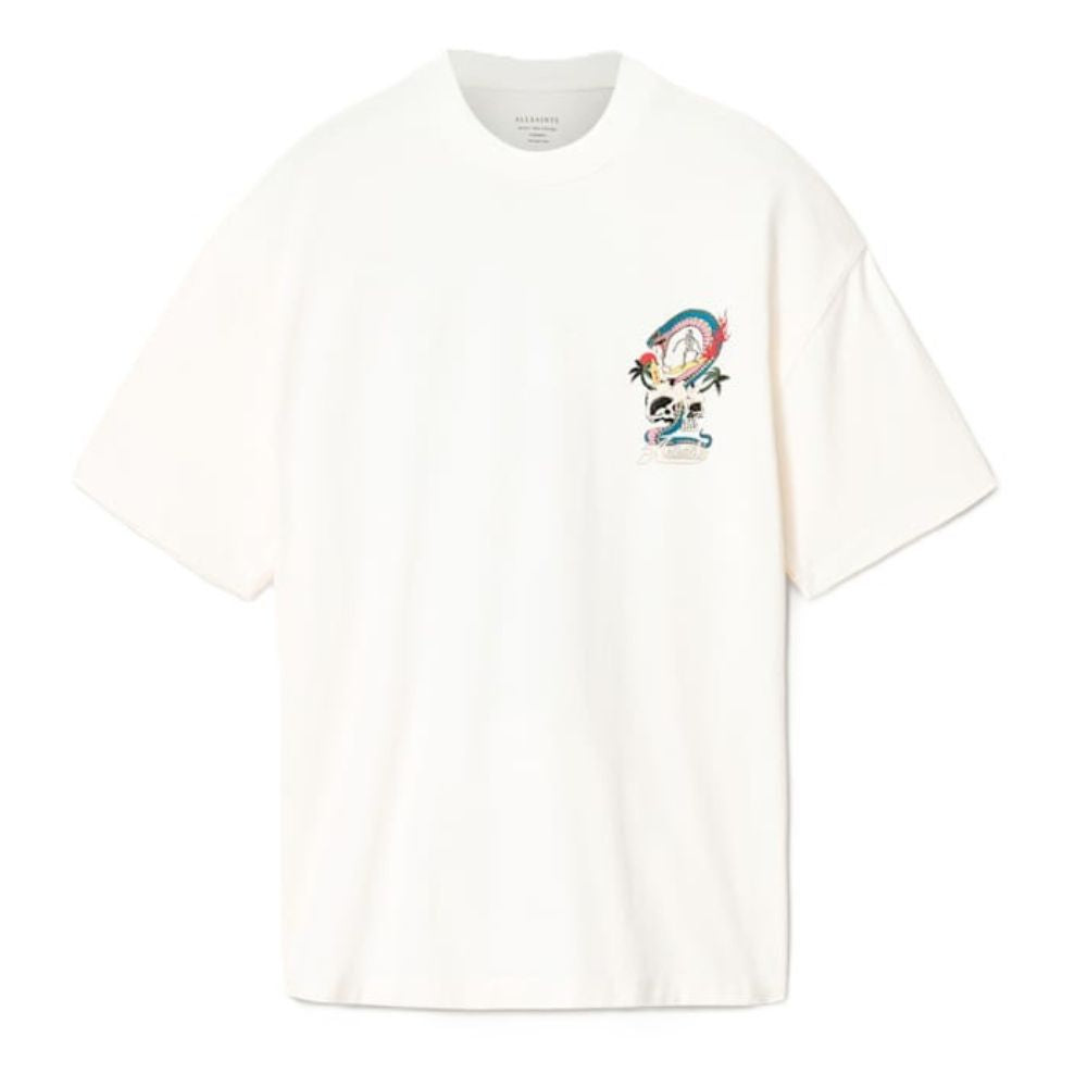An off-white short-sleeve crewneck t-shirt featuring a colorful graphic print on the left chest with a cartoon character, rainbow, and palm trees, displayed on a clean white background.