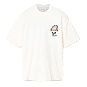 An off-white short-sleeve crewneck t-shirt featuring a colorful graphic print on the left chest with a cartoon character, rainbow, and palm trees, displayed on a clean white background.