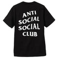 A black short-sleeve t-shirt shown from the back, featuring the text 'ANTI SOCIAL SOCIAL CLUB' printed in large, bold white letters.