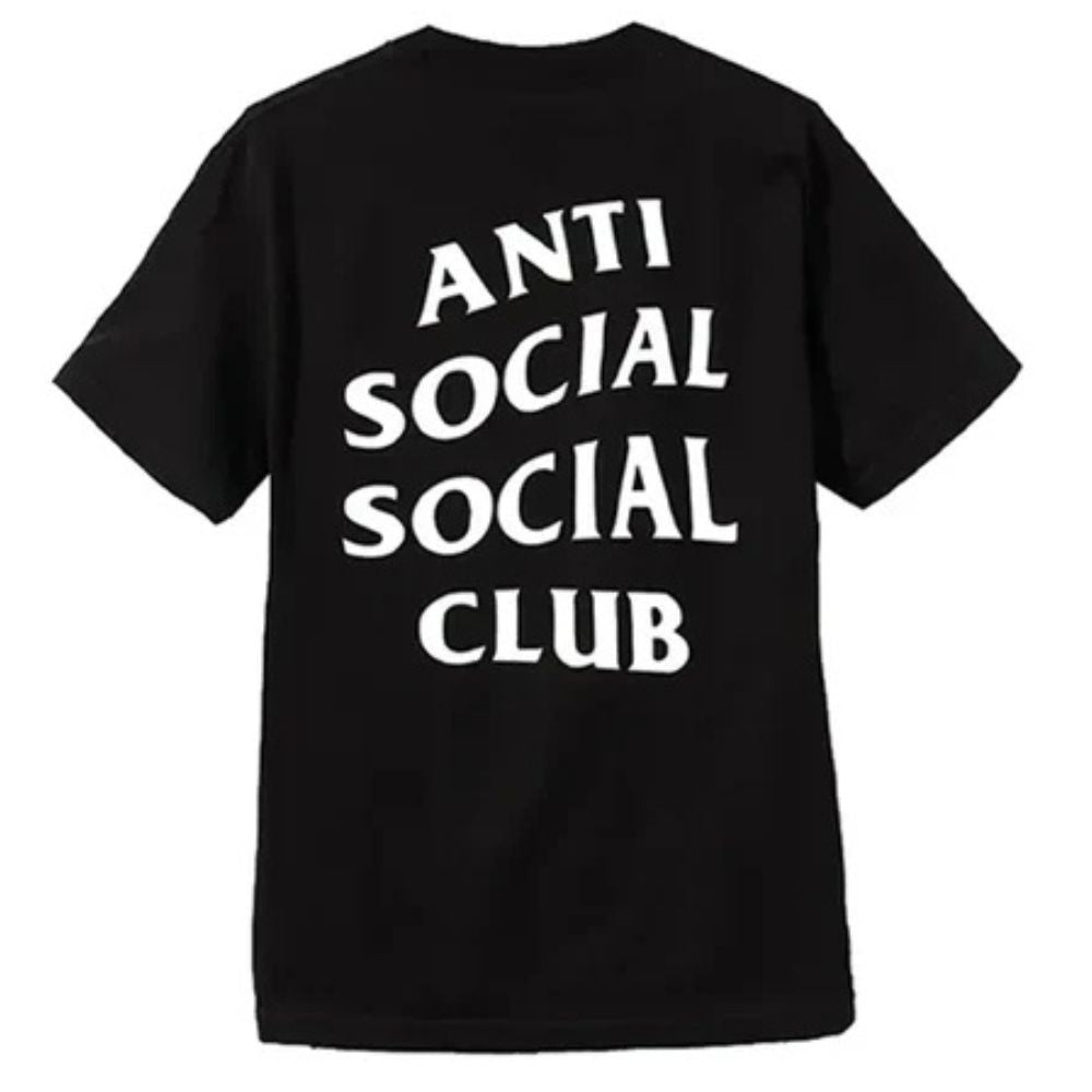 A black short-sleeve t-shirt shown from the back, featuring the text 'ANTI SOCIAL SOCIAL CLUB' printed in large, bold white letters.