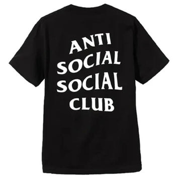 A black short-sleeve t-shirt shown from the back, featuring the text 'ANTI SOCIAL SOCIAL CLUB' printed in large, bold white letters.