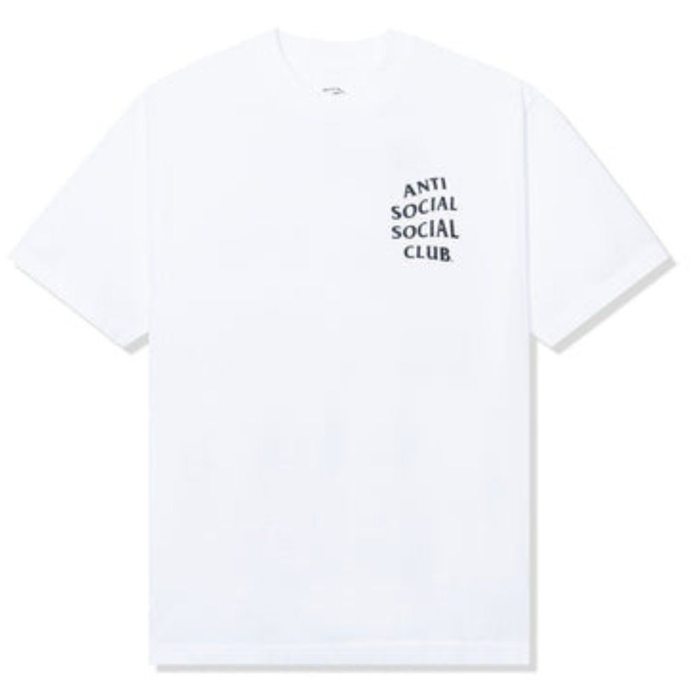 A white short-sleeve crewneck t-shirt with the text 'ANTI SOCIAL SOCIAL CLUB' printed in black on the left chest, shown against a plain white background.
