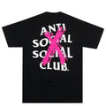 A black short-sleeve t-shirt with a large graphic on the back featuring the text 'ANTI SOCIAL SOCIAL CLUB' in white and a bold pink paint-splattered 'X' overlay.