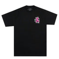 A black short-sleeve t-shirt with a stacked graphic on the left chest reading 'ANTI SOCIAL SOCIAL CLUB' in white and pink, featuring a pink ribbon design.