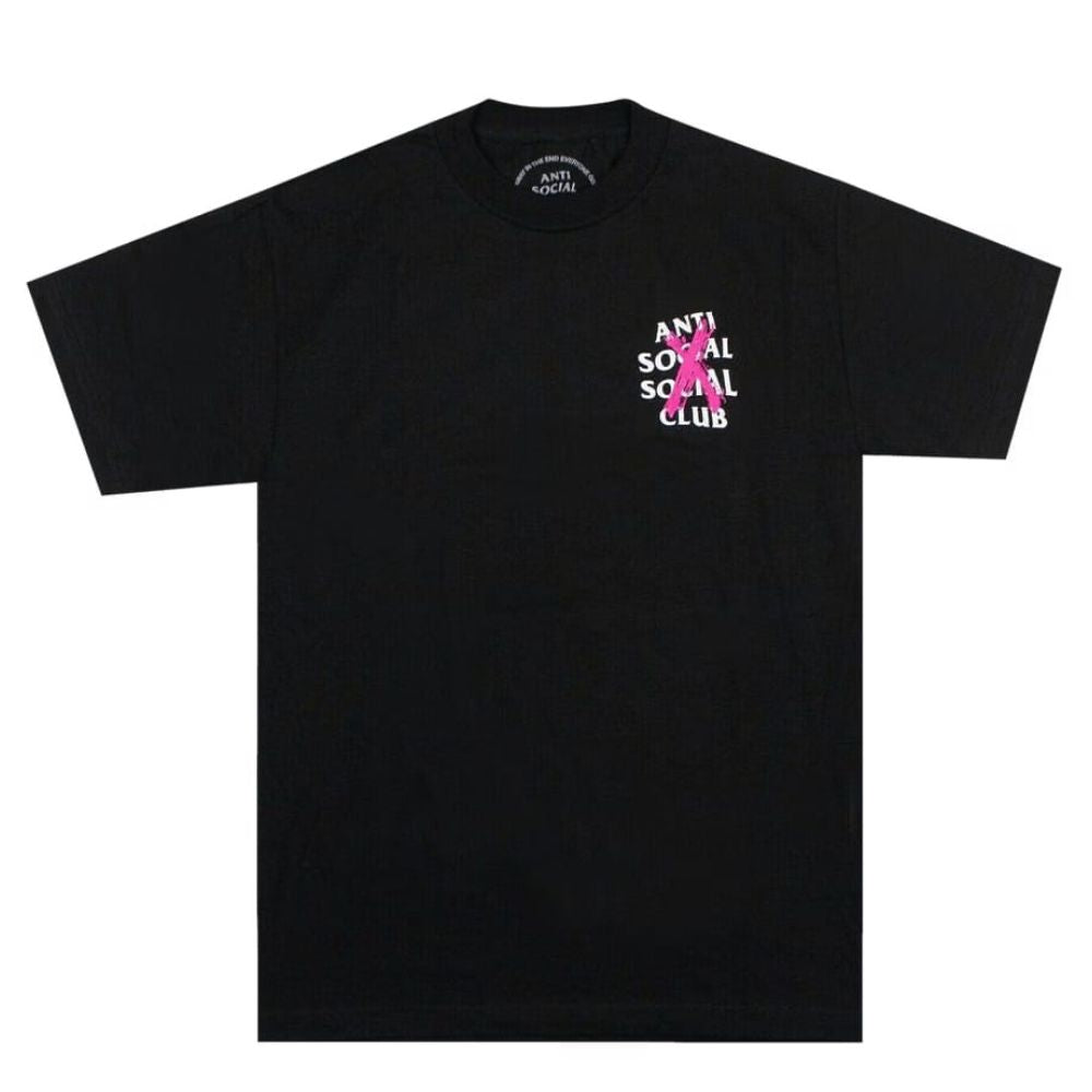A black short-sleeve t-shirt with a stacked graphic on the left chest reading 'ANTI SOCIAL SOCIAL CLUB' in white and pink, featuring a pink ribbon design.