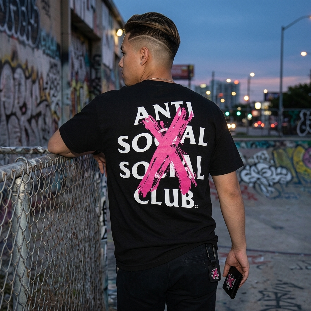A man wearing a black t-shirt with a large white and pink graphic reading 'ANTI SOCIAL SOCIAL CLUB' stands in an outdoor urban setting with graffiti walls in the background.