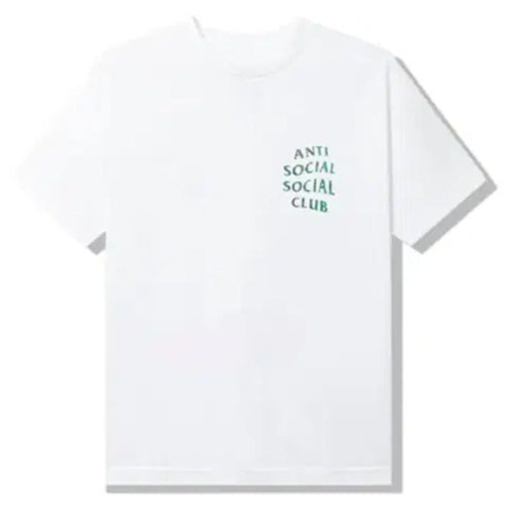 A white short-sleeve crewneck t-shirt with the text 'ANTI SOCIAL SOCIAL CLUB' printed in green on the left chest, shown against a plain white background.