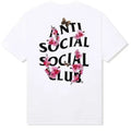 White short-sleeve T-shirt with a large front graphic reading 'ANTI SOCIAL SOCIAL CLUB' in black letters, overlaid with pink cherry blossoms and small butterflies, on a plain white background.
