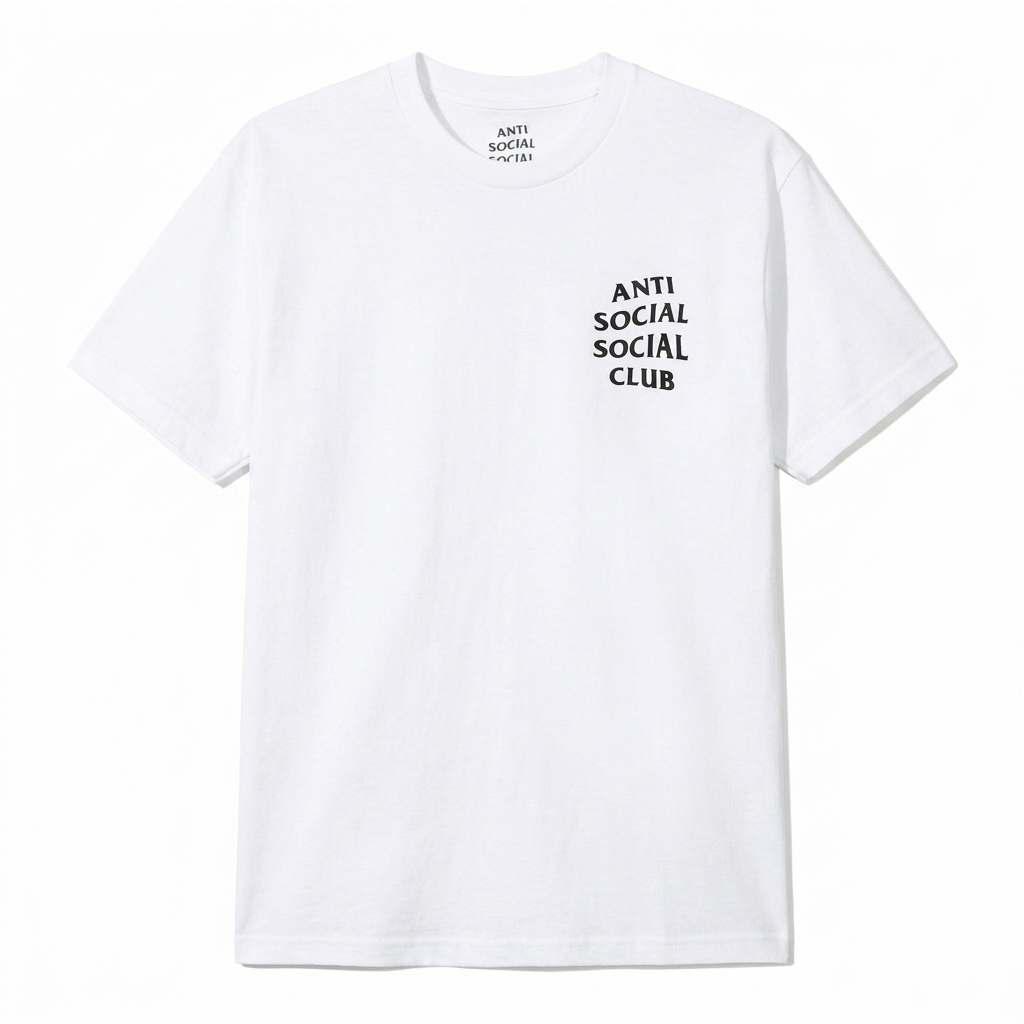 A white short-sleeve crewneck t-shirt with the text 'ANTI SOCIAL SOCIAL CLUB' printed in black on the left chest, shown against a plain white background.