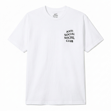 A white short-sleeve crewneck t-shirt with the text 'ANTI SOCIAL SOCIAL CLUB' printed in black on the left chest, shown against a plain white background.