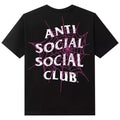 A black short-sleeve t-shirt featuring a large graphic on the front with the text 'ANTI SOCIAL SOCIAL CLUB' in white stylized lettering overlaid on a pink spiderweb design, shown against a plain white background.