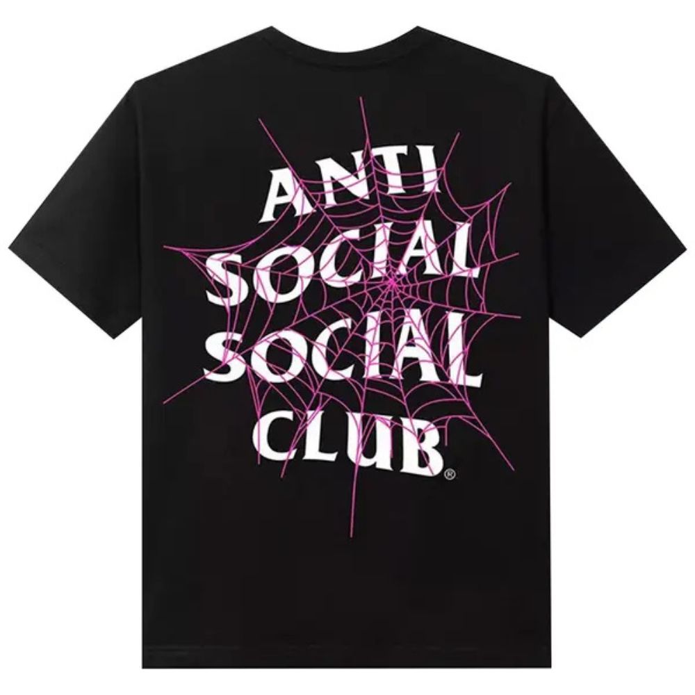 A black short-sleeve t-shirt featuring a large graphic on the front with the text 'ANTI SOCIAL SOCIAL CLUB' in white stylized lettering overlaid on a pink spiderweb design, shown against a plain white background.