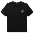 A black short-sleeve crewneck t-shirt with a small graphic on the left chest reading 'ANTI SOCIAL SOCIAL CLUB' in white text over a purple paint splatter background.