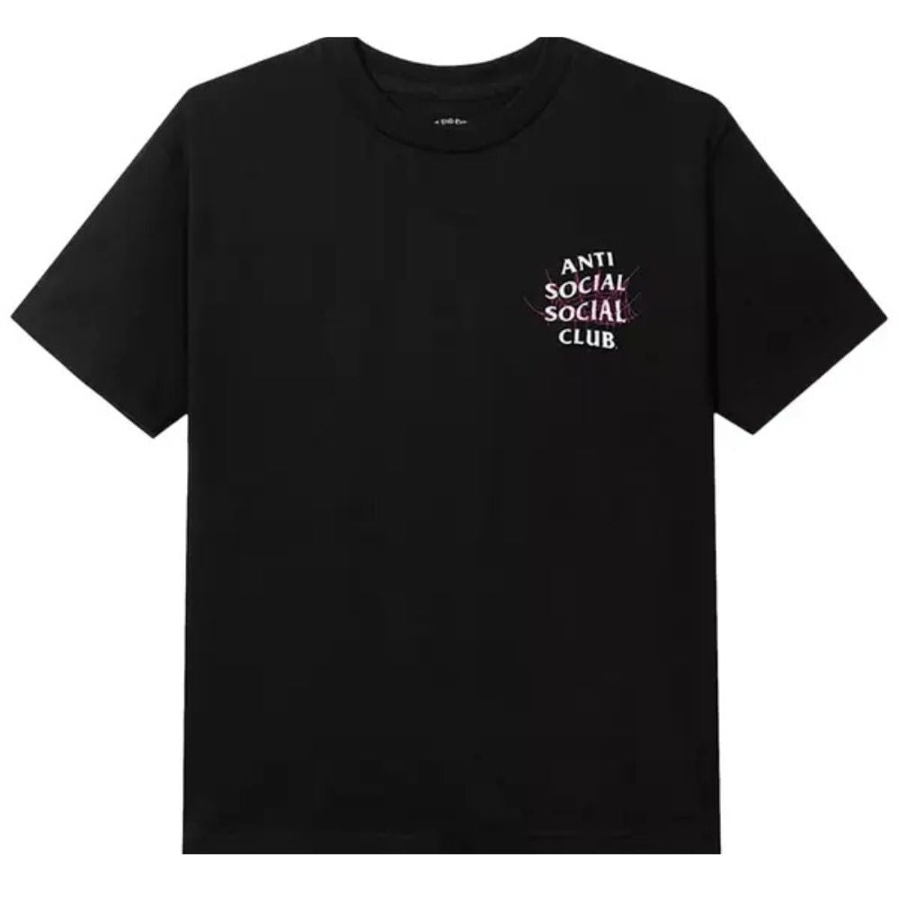 A black short-sleeve crewneck t-shirt with a small graphic on the left chest reading 'ANTI SOCIAL SOCIAL CLUB' in white text over a purple paint splatter background.