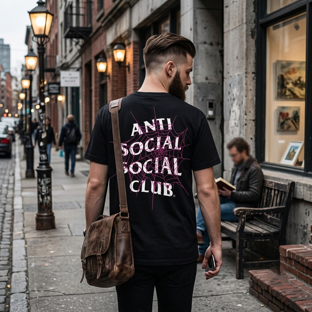 A man walking down a city street seen from behind, wearing a black t-shirt with 'ANTI SOCIAL SOCIAL CLUB' printed in white and purple on the back, and carrying a brown leather shoulder bag.