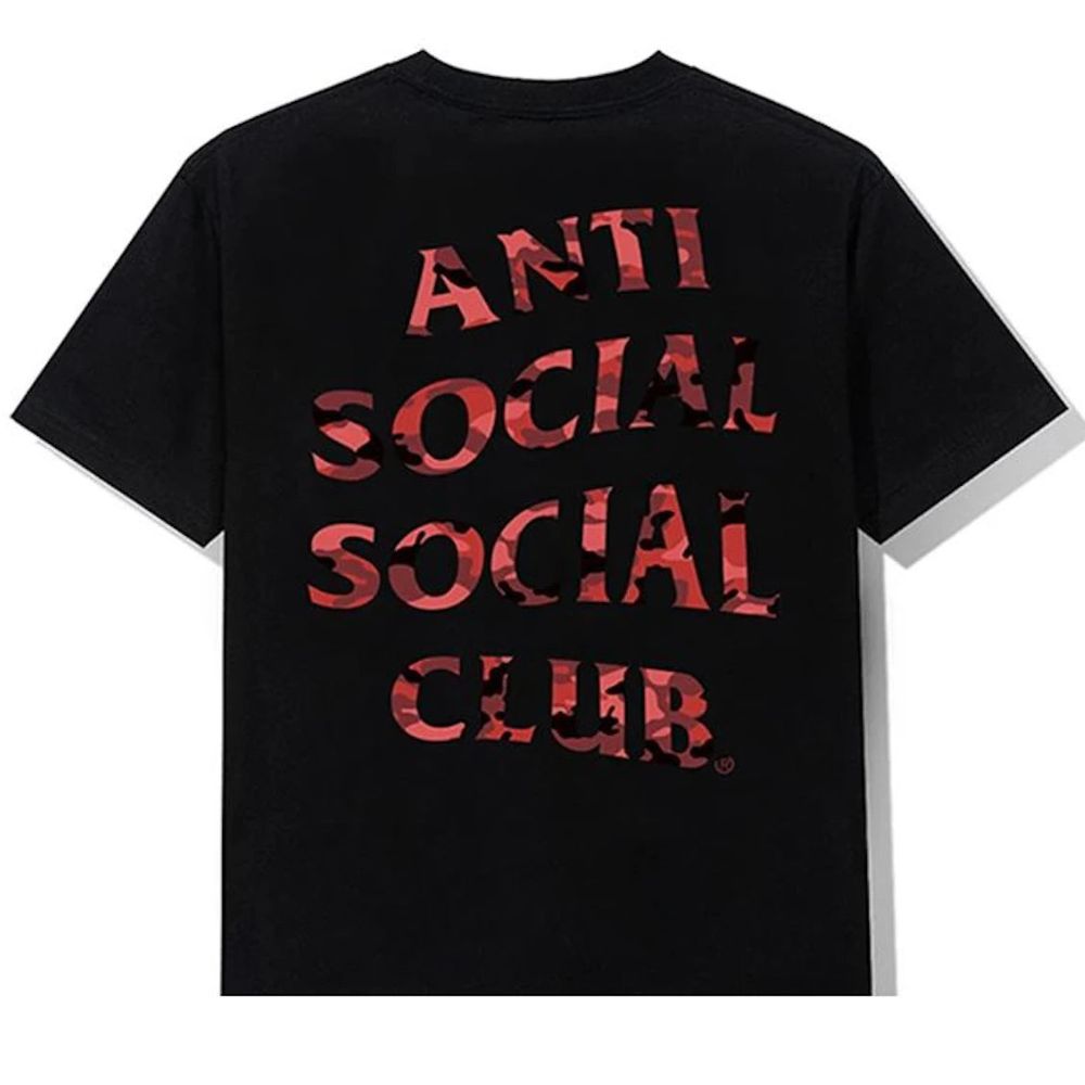 A black short-sleeve t-shirt with 'ANTI SOCIAL SOCIAL CLUB' printed in a distressed red font on the back, shown against a plain white background.