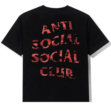 A black short-sleeve t-shirt with 'ANTI SOCIAL SOCIAL CLUB' printed in a distressed red font on the back, shown against a plain white background.