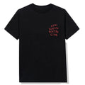 A black short-sleeve crewneck t-shirt featuring the text 'ANTI SOCIAL SOCIAL CLUB' printed in a textured red font on the left chest, displayed against a clean white background.
