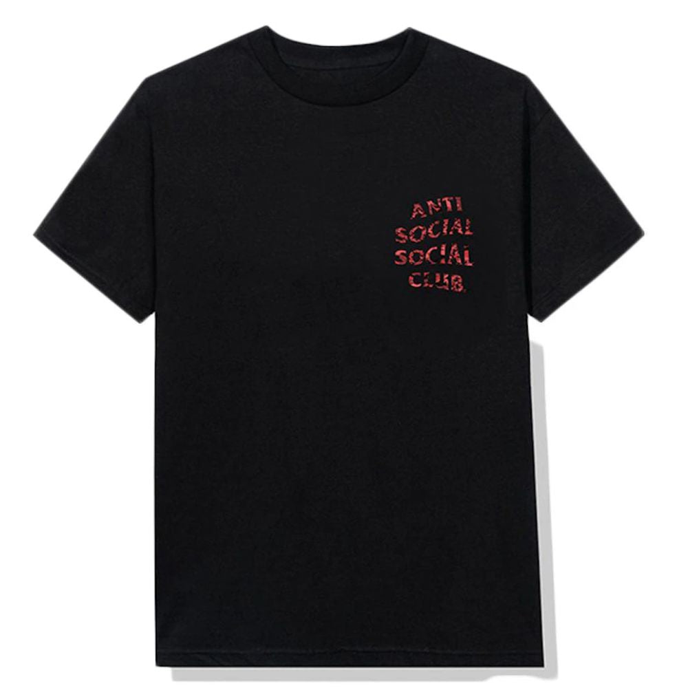 A black short-sleeve crewneck t-shirt featuring the text 'ANTI SOCIAL SOCIAL CLUB' printed in a textured red font on the left chest, displayed against a clean white background.