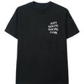 A black short-sleeve crewneck t-shirt with the text 'ANTI SOCIAL SOCIAL CLUB.' printed in white on the left chest, shown against a plain white background.