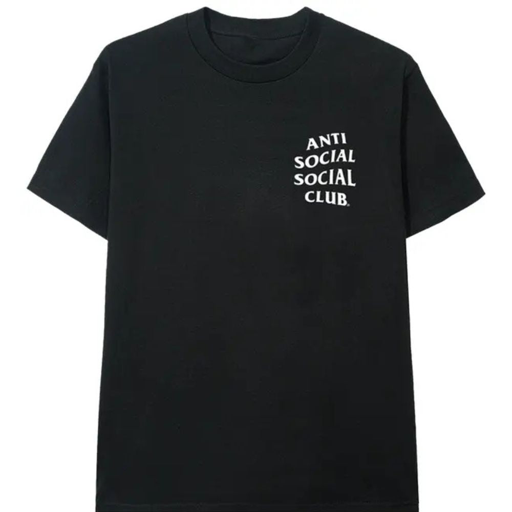 A black short-sleeve crewneck t-shirt with the text 'ANTI SOCIAL SOCIAL CLUB.' printed in white on the left chest, shown against a plain white background.