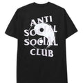 A black short-sleeve t-shirt with a large white graphic on the front featuring the text 'ANTI SOCIAL SOCIAL CLUB' arranged around a yin-yang symbol.
