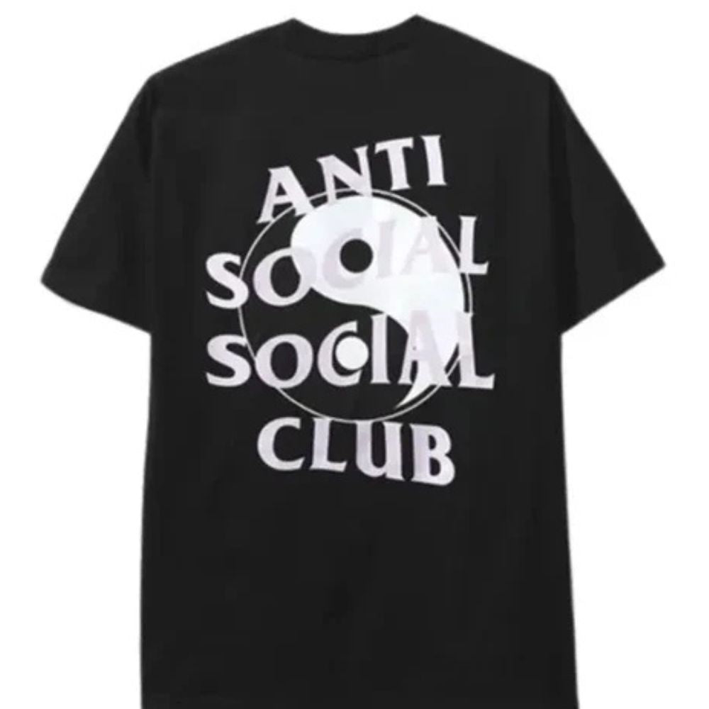A black short-sleeve t-shirt with a large white graphic on the front featuring the text 'ANTI SOCIAL SOCIAL CLUB' arranged around a yin-yang symbol.