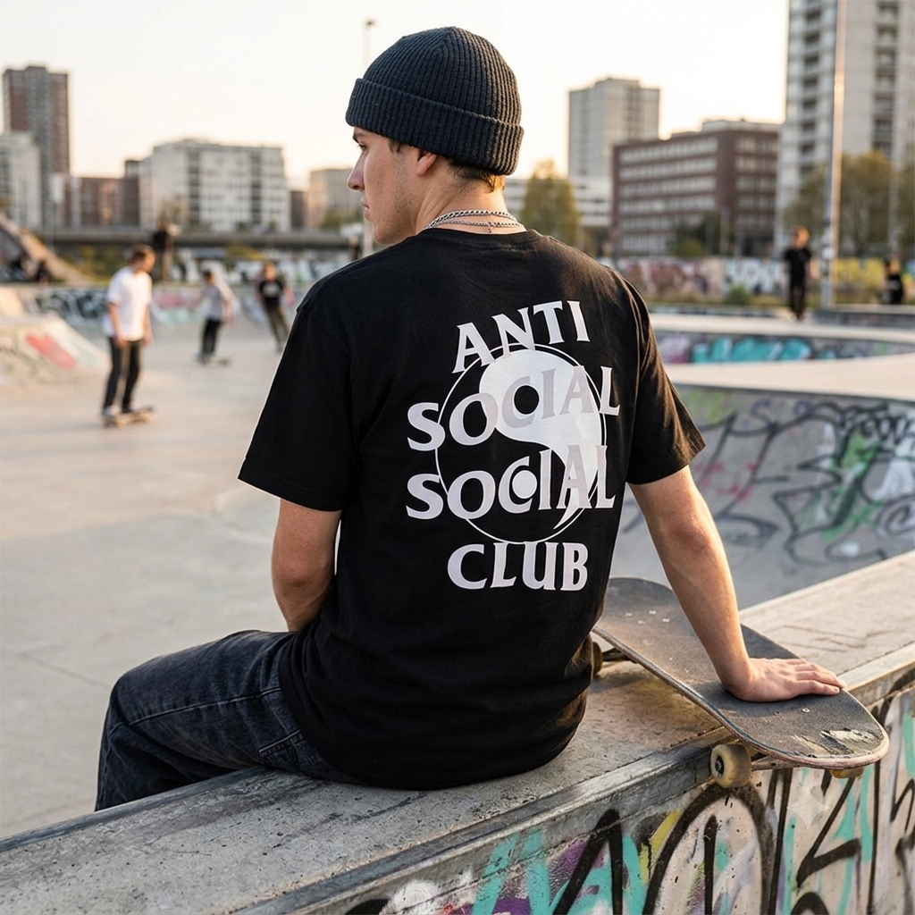 A man wearing a black beanie and a black t-shirt with a large white 'ANTI SOCIAL SOCIAL CLUB' yin-yang graphic on the back, sitting on a concrete ledge at a skatepark with a skateboard.