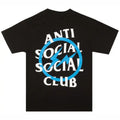 A black short-sleeve t-shirt with a large graphic on the front reading 'ANTI SOCIAL SOCIAL CLUB' in white, crossed out by a blue circle and lightning bolt.
