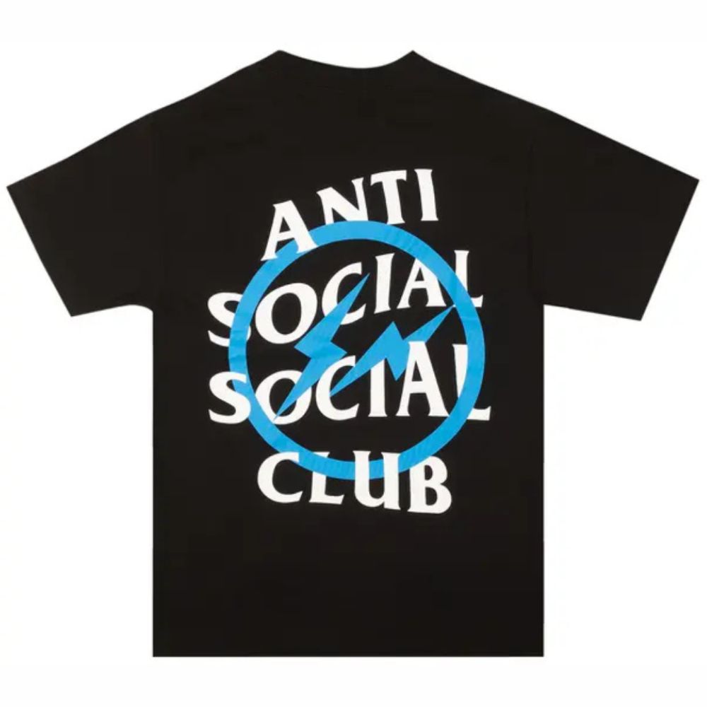 A black short-sleeve t-shirt with a large graphic on the front reading 'ANTI SOCIAL SOCIAL CLUB' in white, crossed out by a blue circle and lightning bolt.
