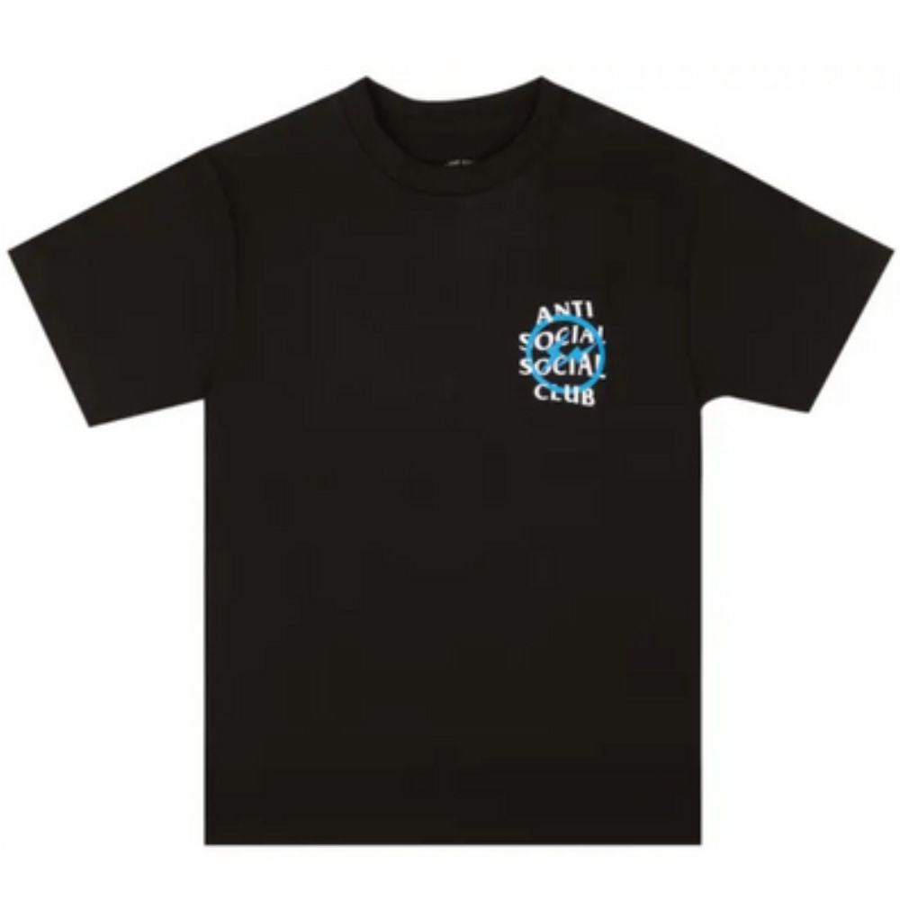 A black short-sleeve crewneck t-shirt featuring a small graphic on the left chest with the text 'ANTI SOCIAL SOCIAL CLUB' in white and blue.