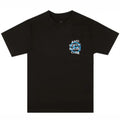 A black short-sleeve crewneck t-shirt featuring a small graphic on the left chest with the text 'ANTI SOCIAL SOCIAL CLUB' in white and blue.