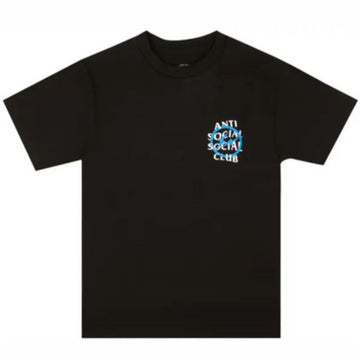A black short-sleeve crewneck t-shirt featuring a small graphic on the left chest with the text 'ANTI SOCIAL SOCIAL CLUB' in white and blue.